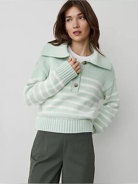 Ann Taylor Weekend Sweater Striped Sailor Herbal Green Chunky Office Cozy